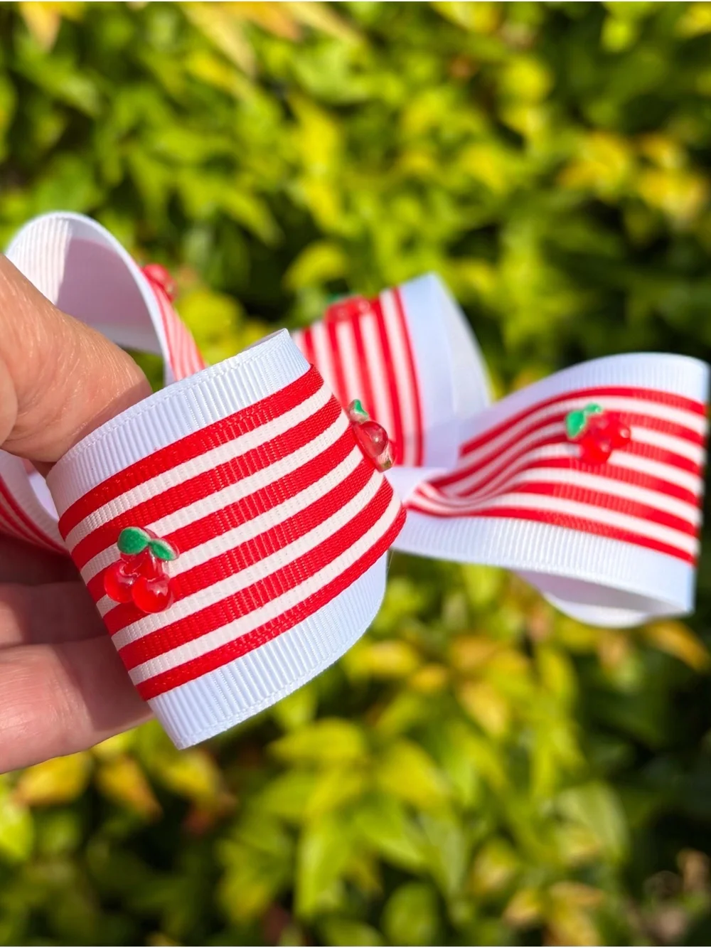 Red & White Striped Cherry Hair Bow 5 inches Wide